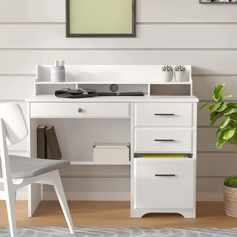 

Computer Desk With Storage Drawers And Hutch, 44 Inch Home Office Desks With 4 Drawers & Monitor Stand, Small White Desk