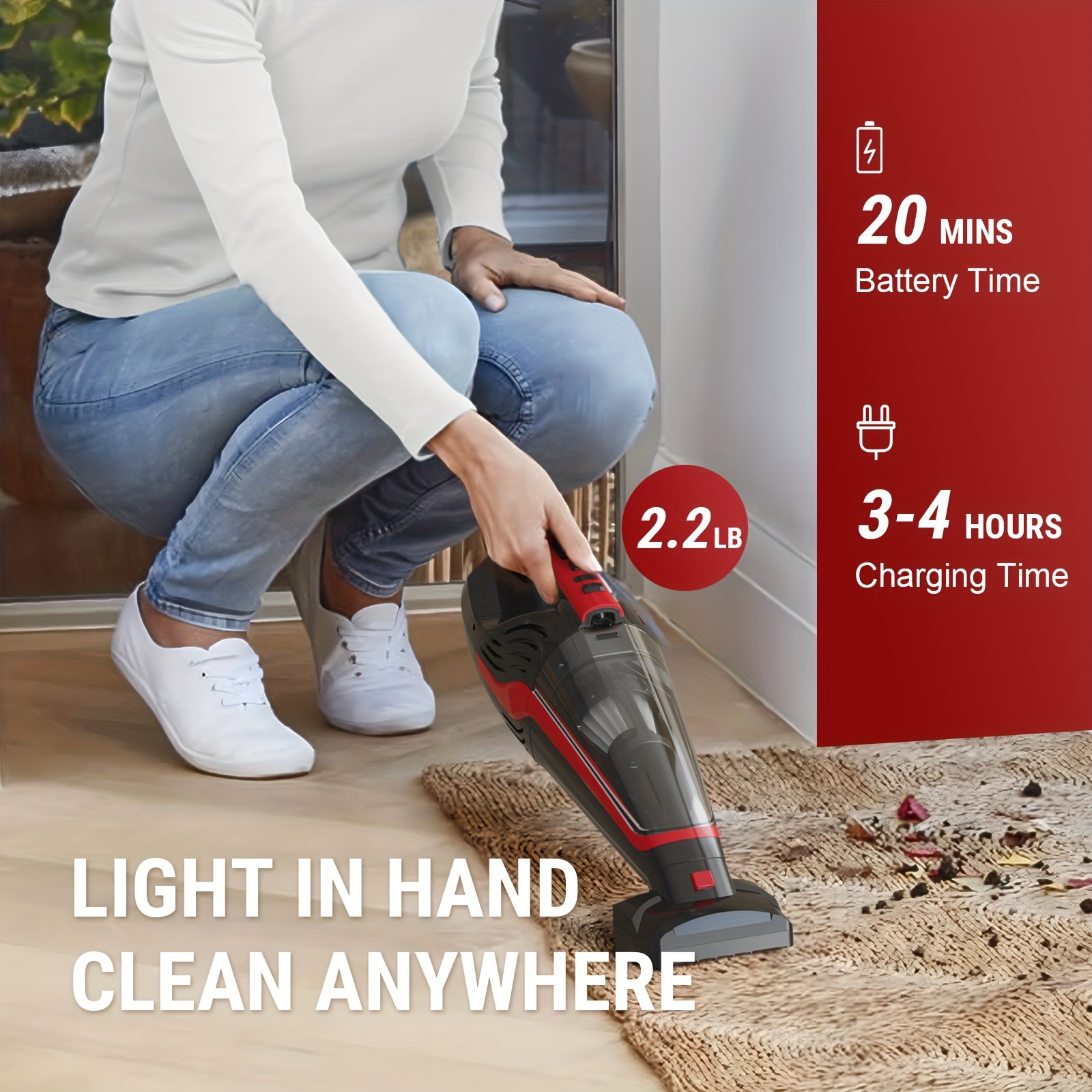 

For Pet Hair - Car Vacuum Cleaner Cordless Rechargeable, With Reusable Filter & Led Light, Powerful Stair Vacuum With Motorized Brush, Red (vl726)