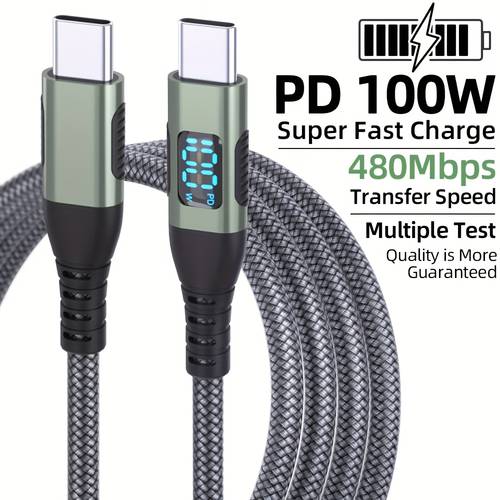 1pc 2pcs usb c to usb c cable type c fast charging pd 100w c to fast charging with led display usb c charging cable 480mbps data nylon braided cable for iphone 15 plus pro max galaxy ipad