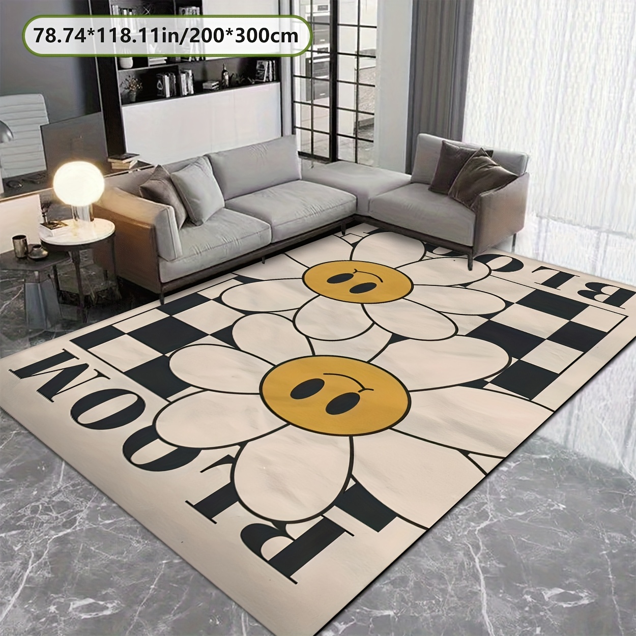 TEMU A And White Checkered Rug Featuring A Sunflower Design, Made Of 800 Grams Per Of Plush Material With A Non-slip Dotted Backing. Suitable For