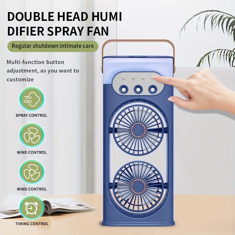 portable usb dual fan with humidifying misting feature painted plastic table fan for indoor and outdoor cooling   operation with button control multi component accessory no battery required details 2