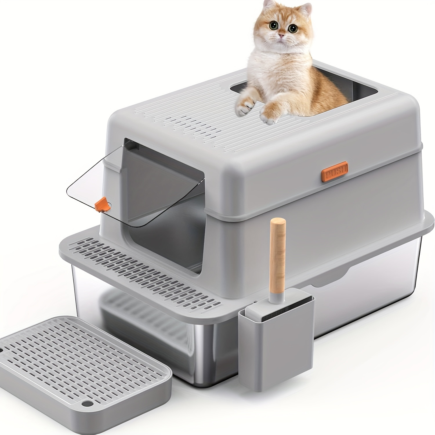 

1pc Extra Large Stainless Steel Enclosed Cat Litter Box With And Pedal, Front Entry Top , Litter Pan With Lid - Ventilated & Breathable Design