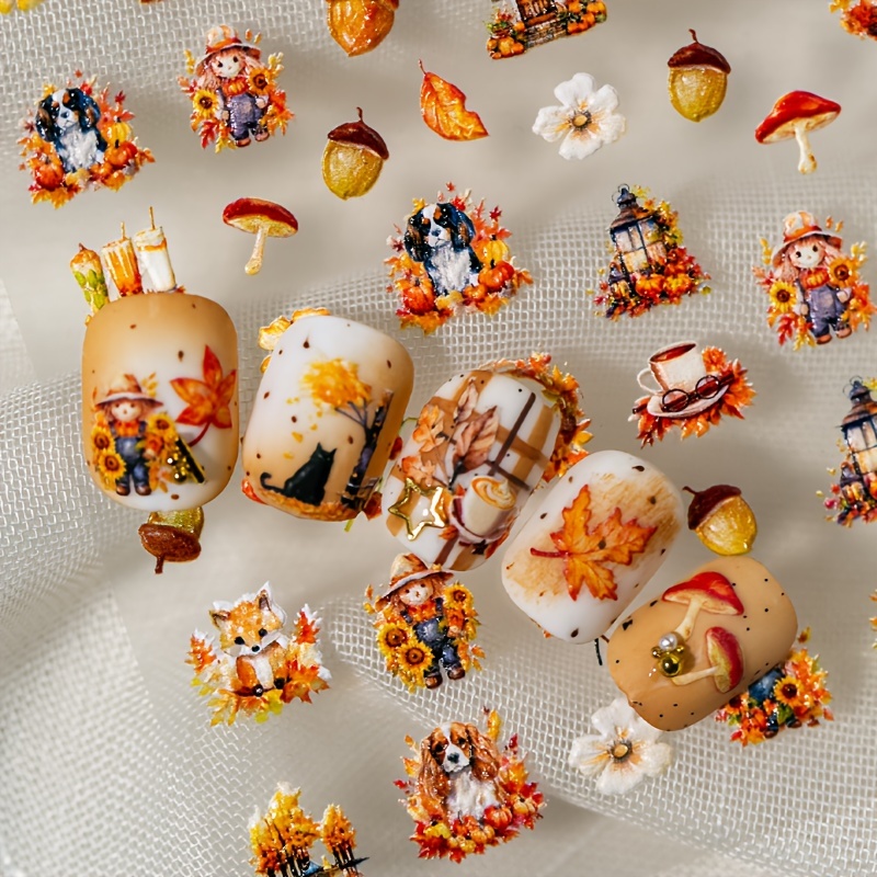 1 6d Relief Nail Art Sticker In The Warm For Autumn And Winter, Featuring , Chrysanthemums, Pine Nuts, Mushrooms, , Dogs, Foxes, And Other . Suitable For Personal Use
