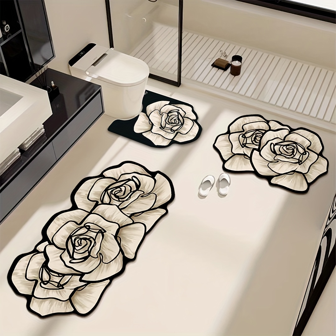TEMU Advanced -shaped Bathroom Anti-slip Mat Set, 2pcs & 3pcs Options, Toilet Lid Mat + Diatomaceous Earth Door Mat, Quick-drying, Water-absorbent,