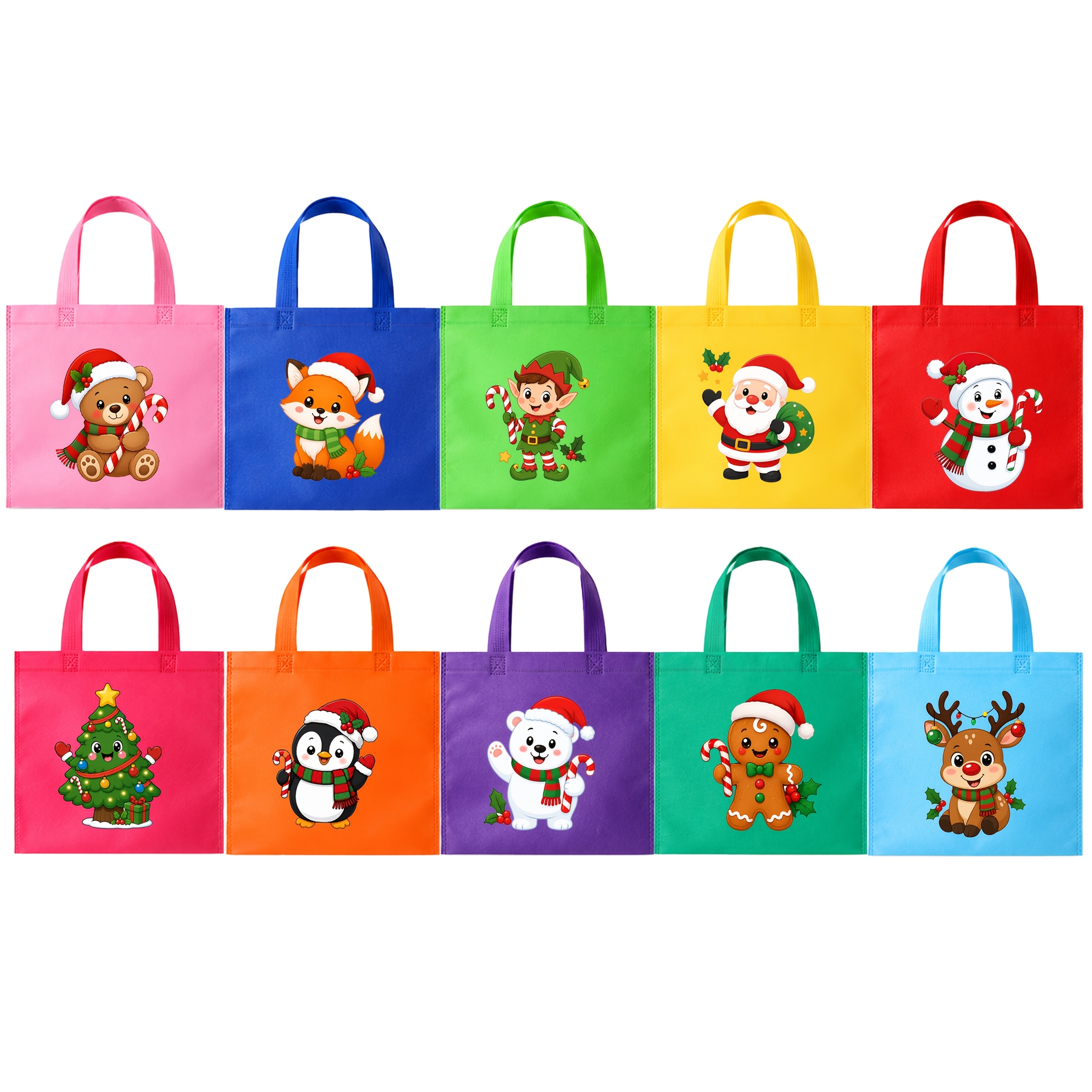 TEMU 10pcs Mixed Color Christmas Gift Bag Set, Holiday Cartoon Handbag Combination, Christmas Themed Gift Packaging Bags And Party Decoration Bags,