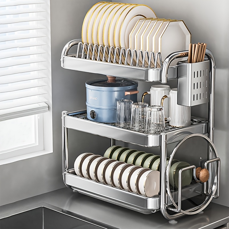 TEMU A Kitchen Organizer Made Of Stainless Steel, Designed To Hold Plates And Utensils While Saving Space And Rust, Ideal For Contemporary Kitchen Countertops And Everyday Household Use.