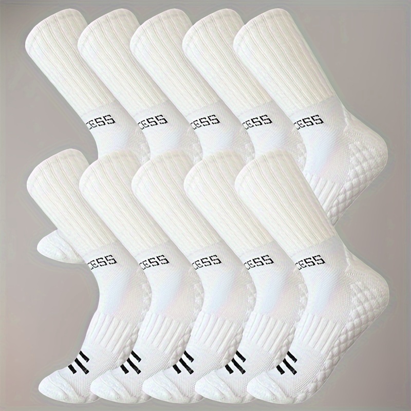 

10 Pairs Unisex Athletic Crew Socks, Moisture-wicking Towel Bottom, Polyester And Spandex , Knit Fabric With Alphabet Pattern, Machine Washable - Polyester 95%, Elastane 5%