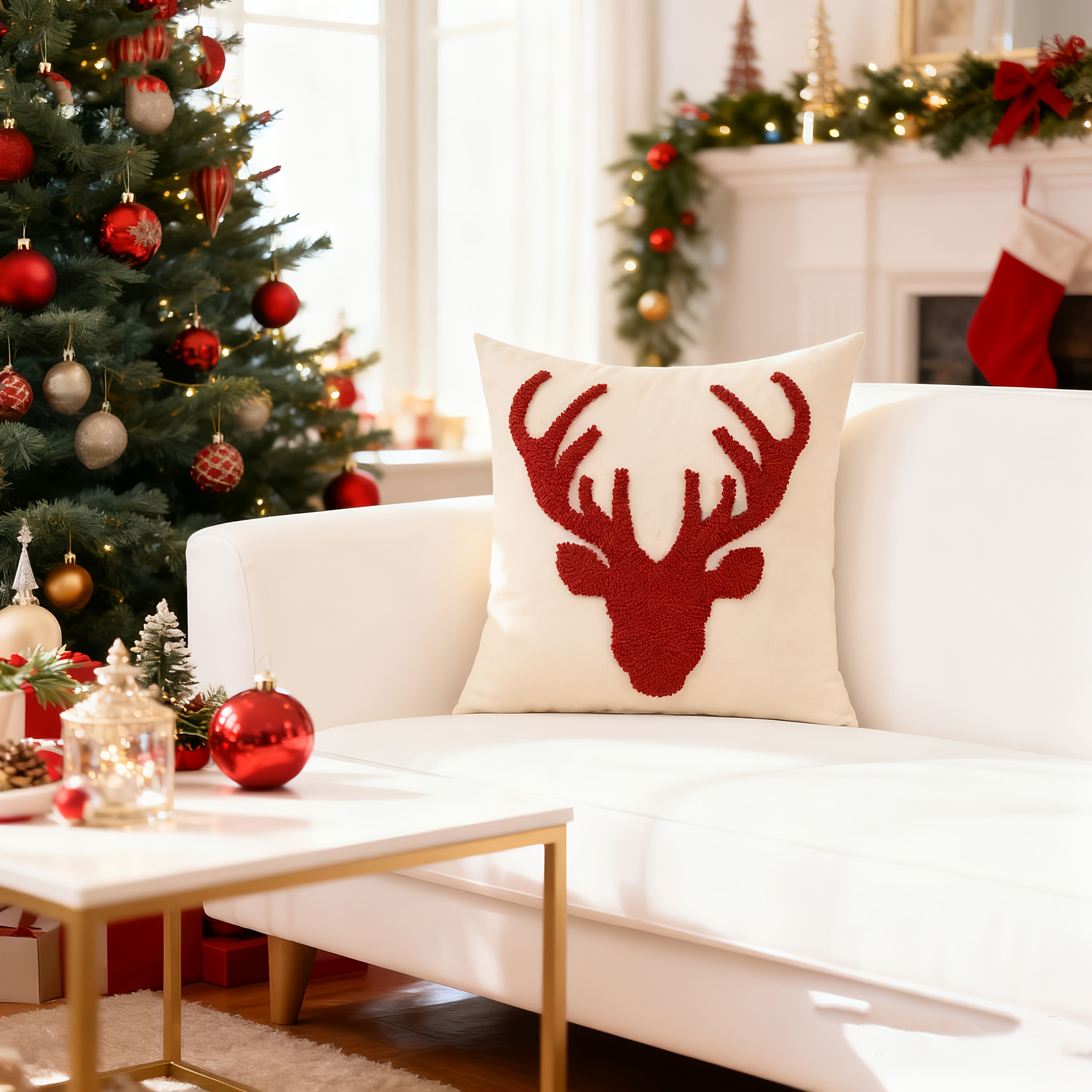 TEMU 1 housse de coussin décorative de Noël avec broderie tête de , pour , canapé, lit, décorations de Noël