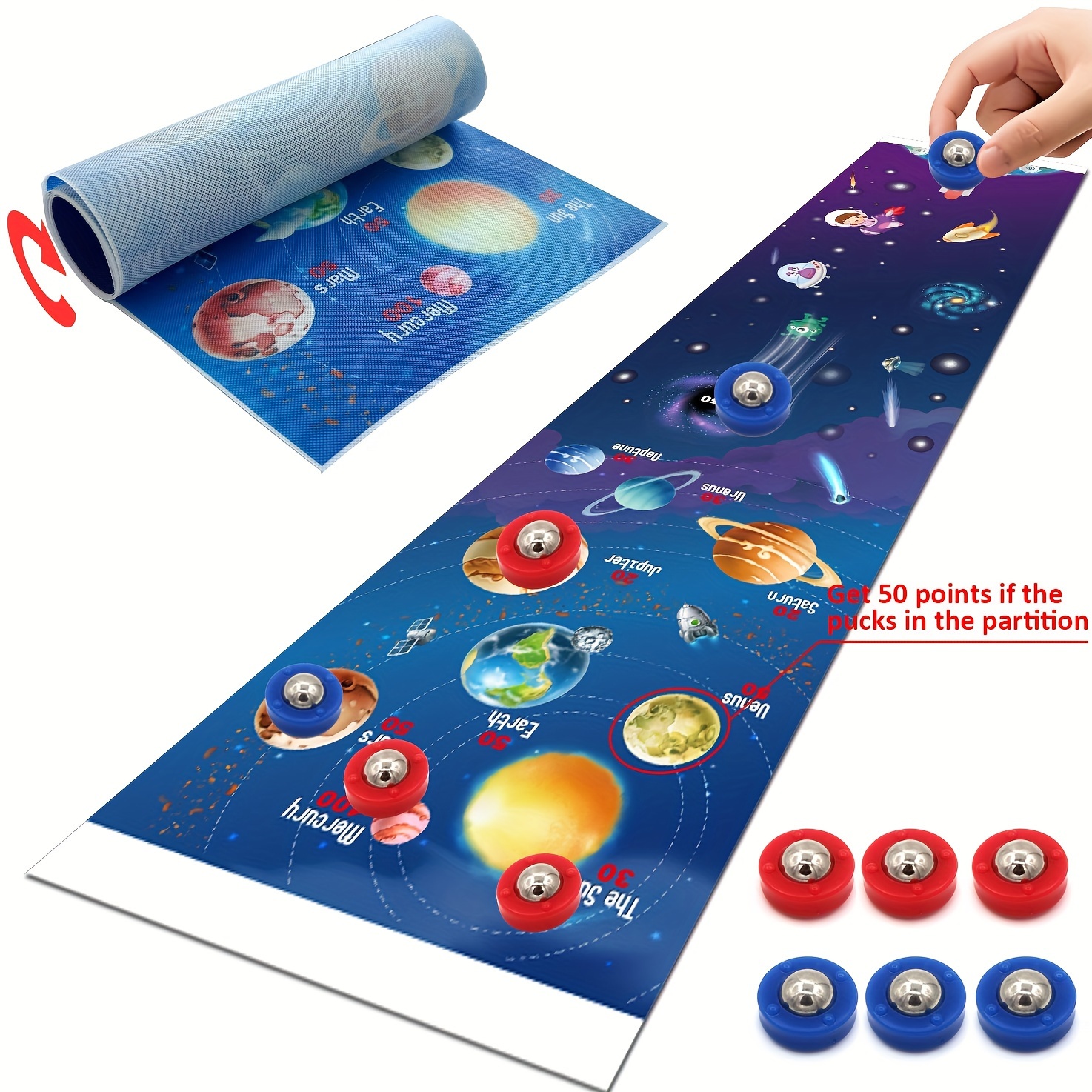 Space Exploration Tabletop Curling Game Set - Family Entertainment With 6 Vibrant Rollers - Perfect Gift - Ideal Christmas, Halloween, Thanksgiving Gaming Present