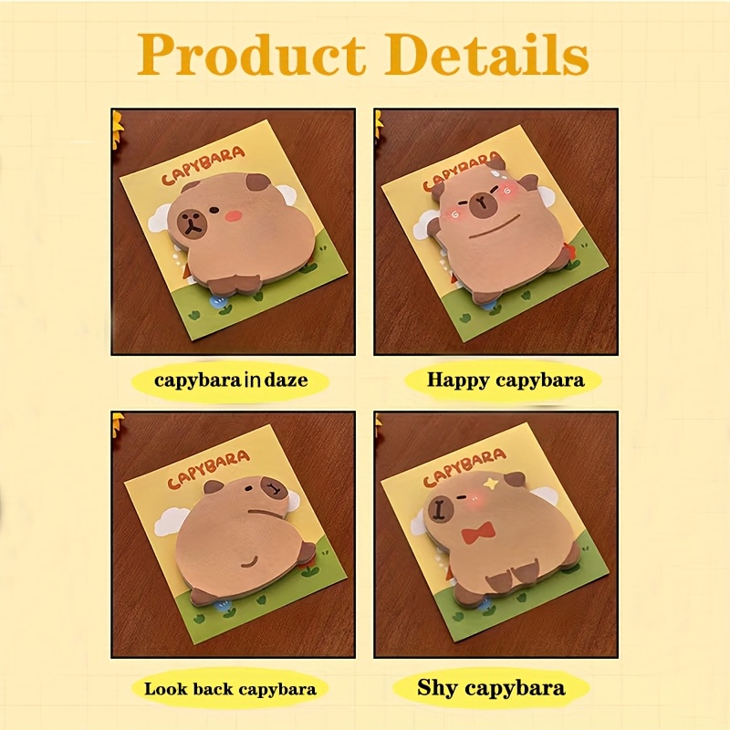 TEMU Ensemble de 8 pièces, 2 pièces par style, carnet autocollant Capybara de dessin animé , pour rappels, messages, listes, fournitures de bureau
