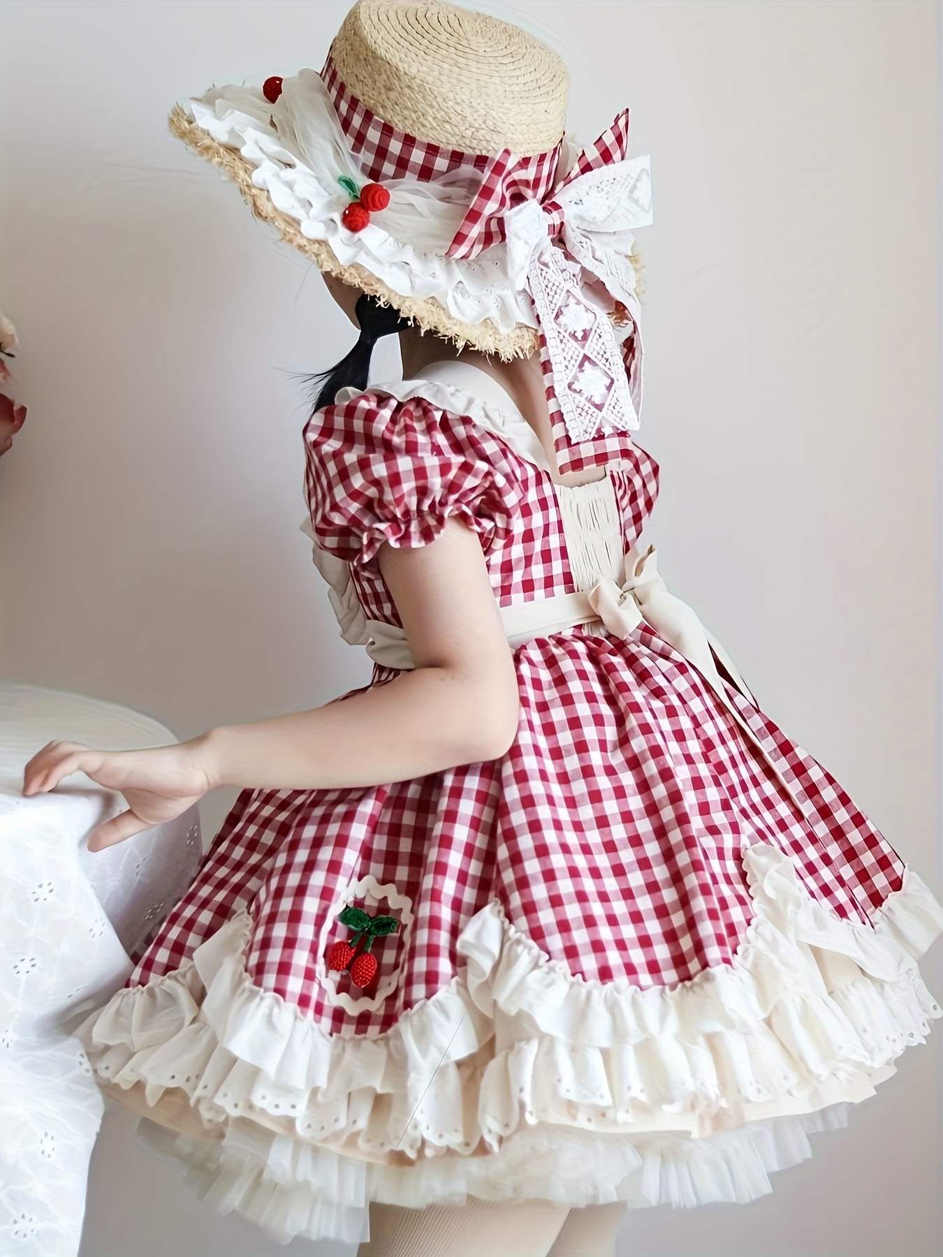 girls vintage checkered dress lace trim floral basket a line - Temu Bahrain