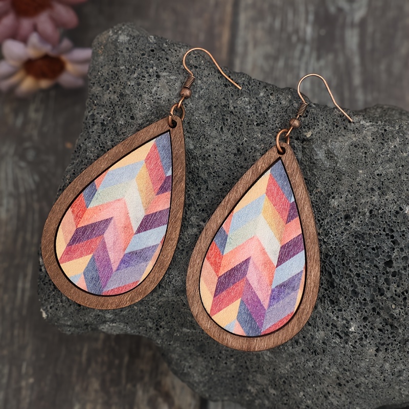 Western Fashion Retro Ethnic Style Classic Water Drop Shaped Multicolor Striped Wooden Earrings