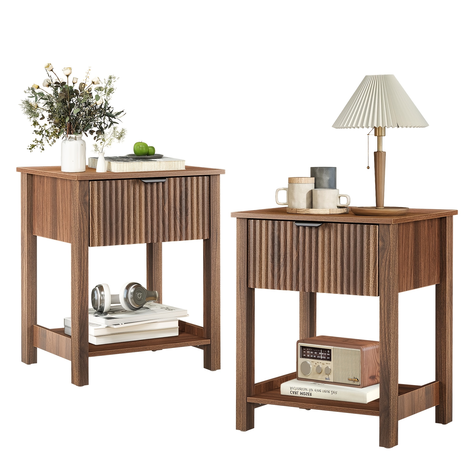 2pcs Nightstand Set, Modern Fluted Drawer Bedside Table With Open Shelf, Mdf Wood Accent End Table For Bedroom Living Room