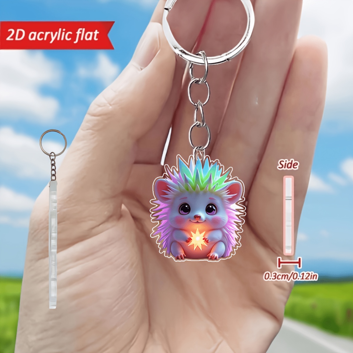 2D Flat Cute Hedgehog Keychain, Glow-In-The-Dark Feature