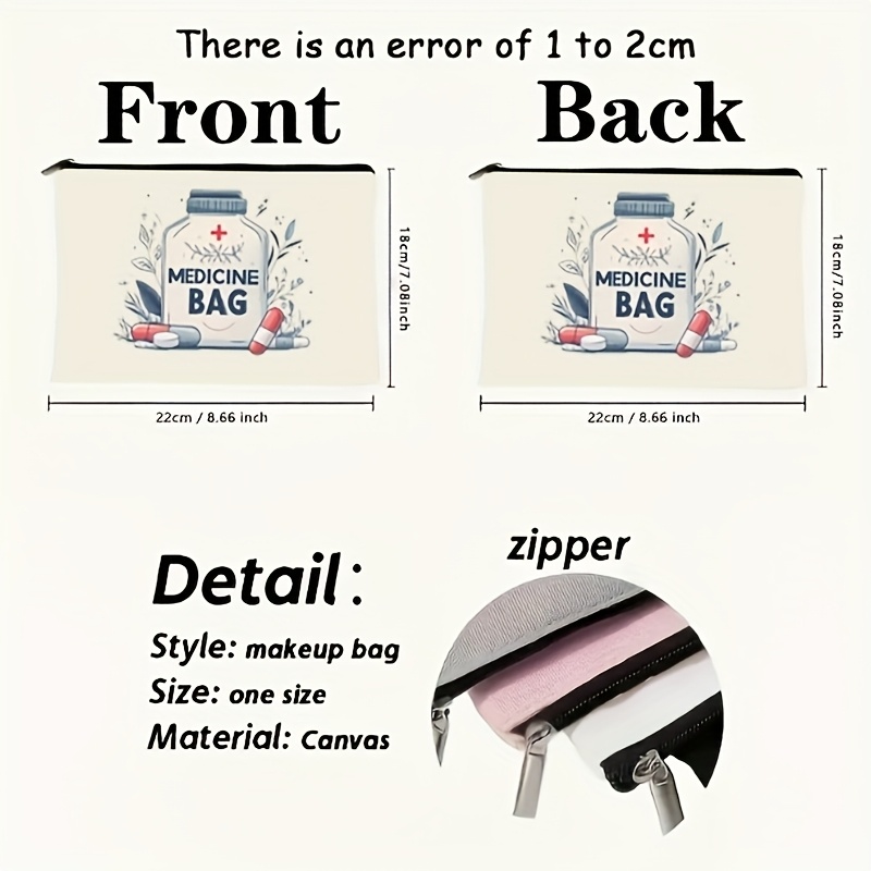 1pc Medicine Bag Travel Pouch - Lightweight, Foldable Cosmetic Organizer with Zipper Closure, Hand Washable, White with Herbal Design, Ideal for Medication and Toiletries Storage, Toiletry Travel Bag