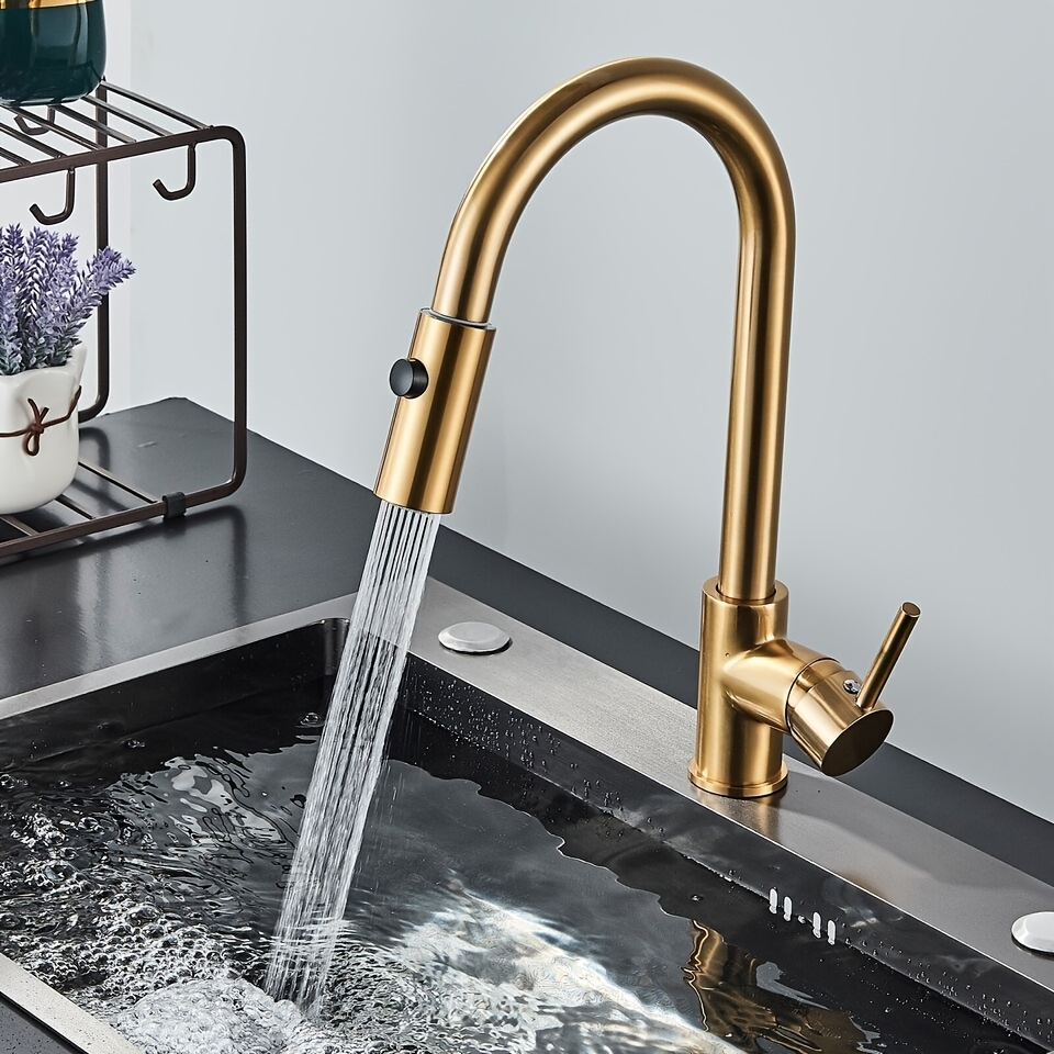 Kitchen Tap, Golden, Tap Kitchen With Pull-out Shower, Mixer Taps For Kitchen, Modern Stainless Steel Sink Mixer Tap