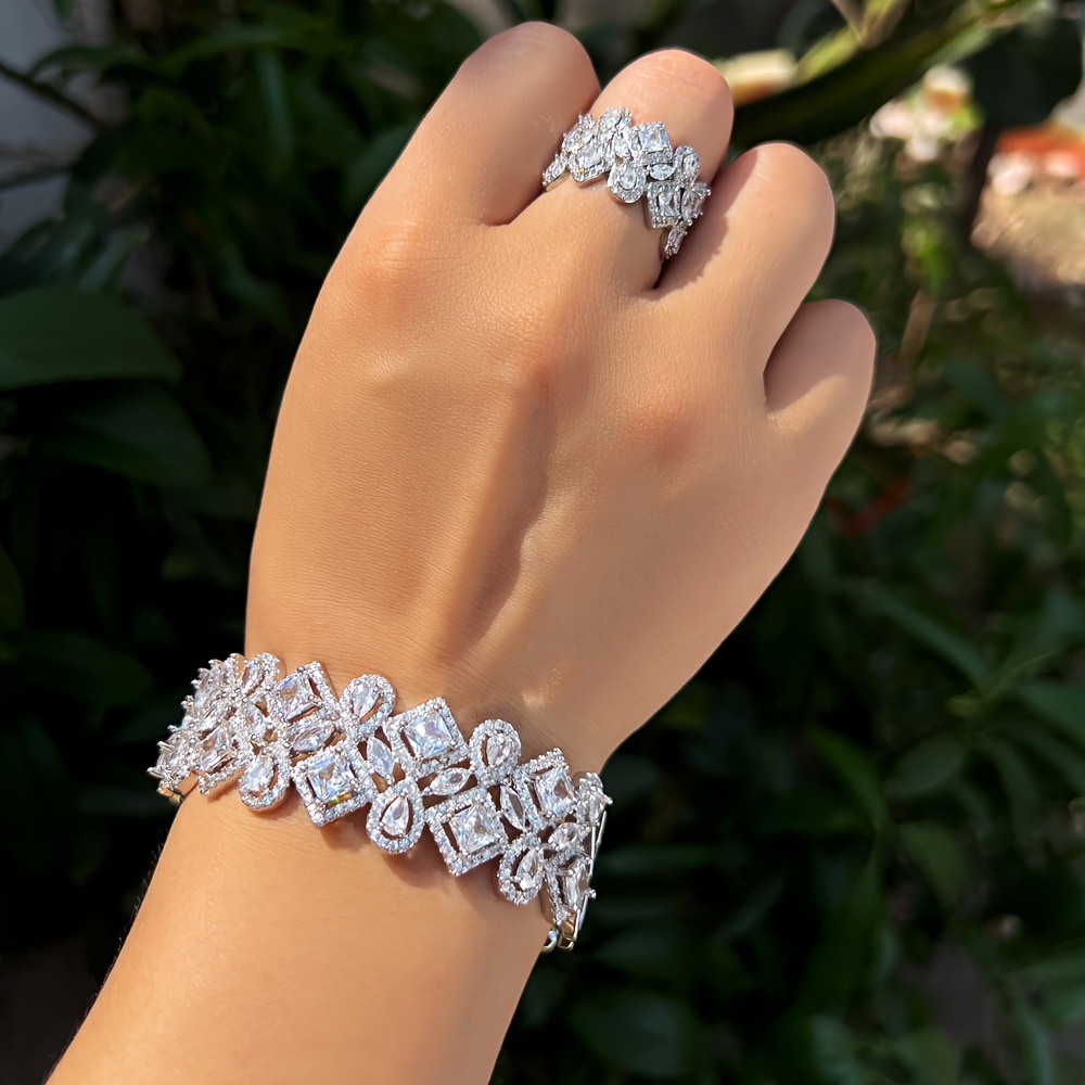 luxurious vintage inspired   zirconia bridal jewelry set silvery plated bangle ring for weddings and evening parties details 1