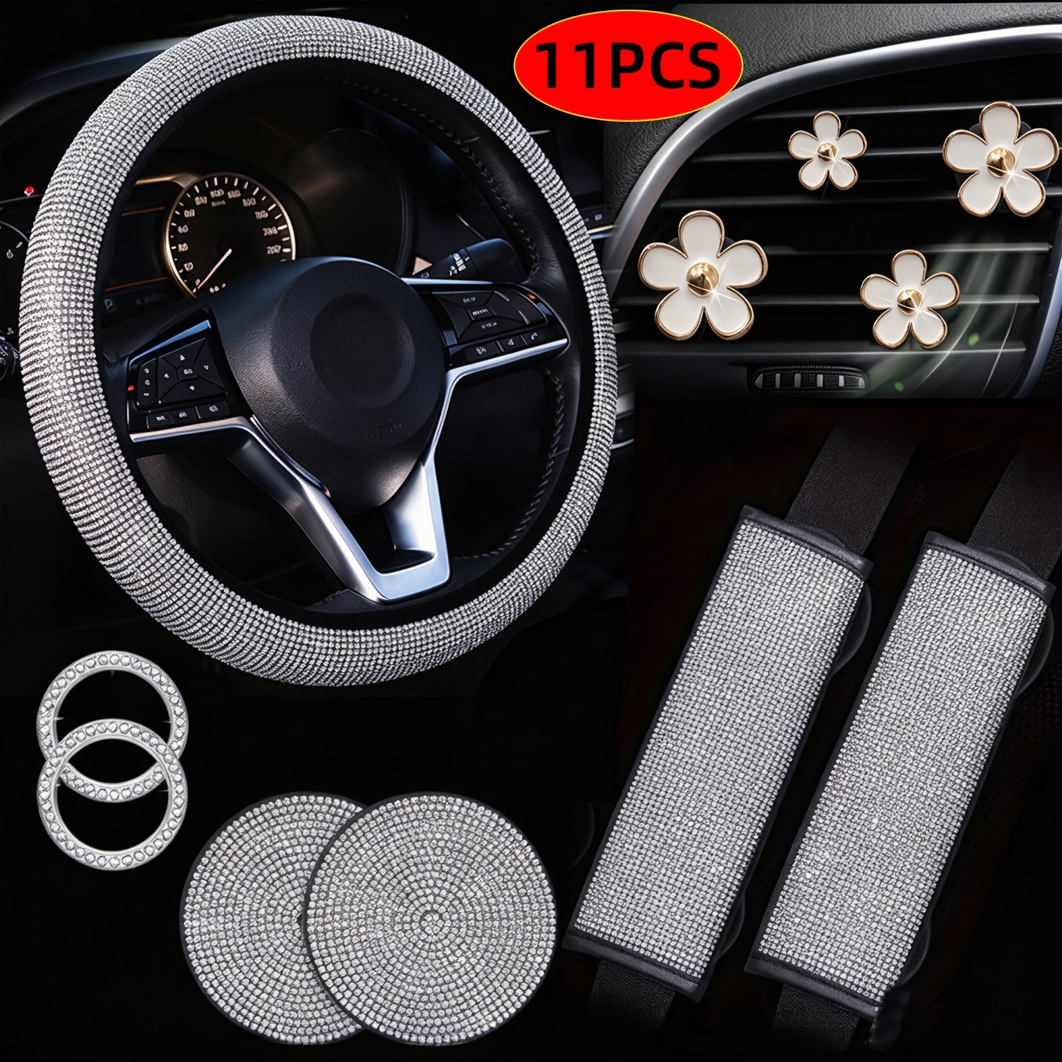 TEMU Juego de 11 Piezas de Funda de Volante de Lujo , Material de Estrás Artificial - Almohadillas Universales, Portavasos, Anillos de y Clips de