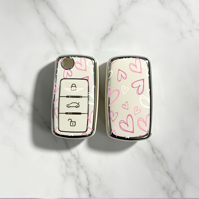 TEMU Pink Heart, 2d Flat Suitable For Vw 3-button Key Cover, Soft Tpu Full Protective Key Shell For New , Tiguan, Golf, , For , Men And Women High-