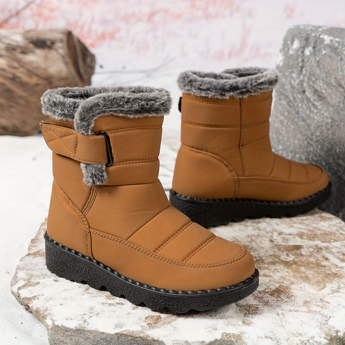 

Women's -lined Boots, Warm Platform With Non-slip Sole And Hook-and-loop Closure - Casual Outdoor Footwear In Tan Cover, Winter Boots