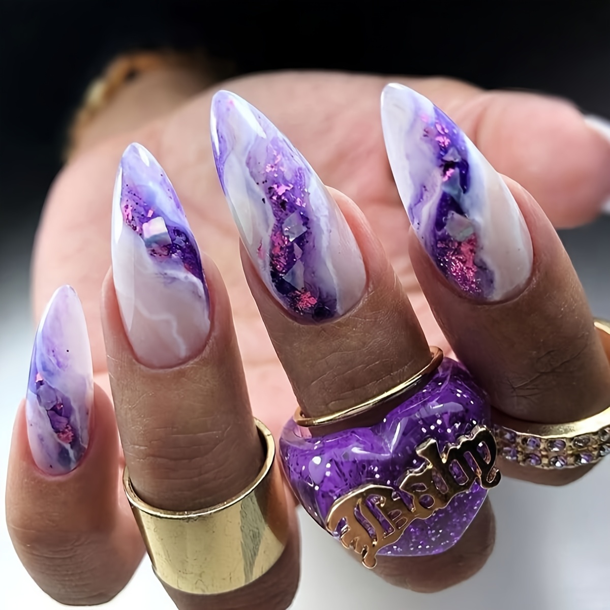 TEMU 24pcs Blue-purple Marble Pattern Press-on Almond Medium False Nails For Women And, Simple And Elegant Textured Design For Winter And Spring Outfits, Beautiful False Nail Gift