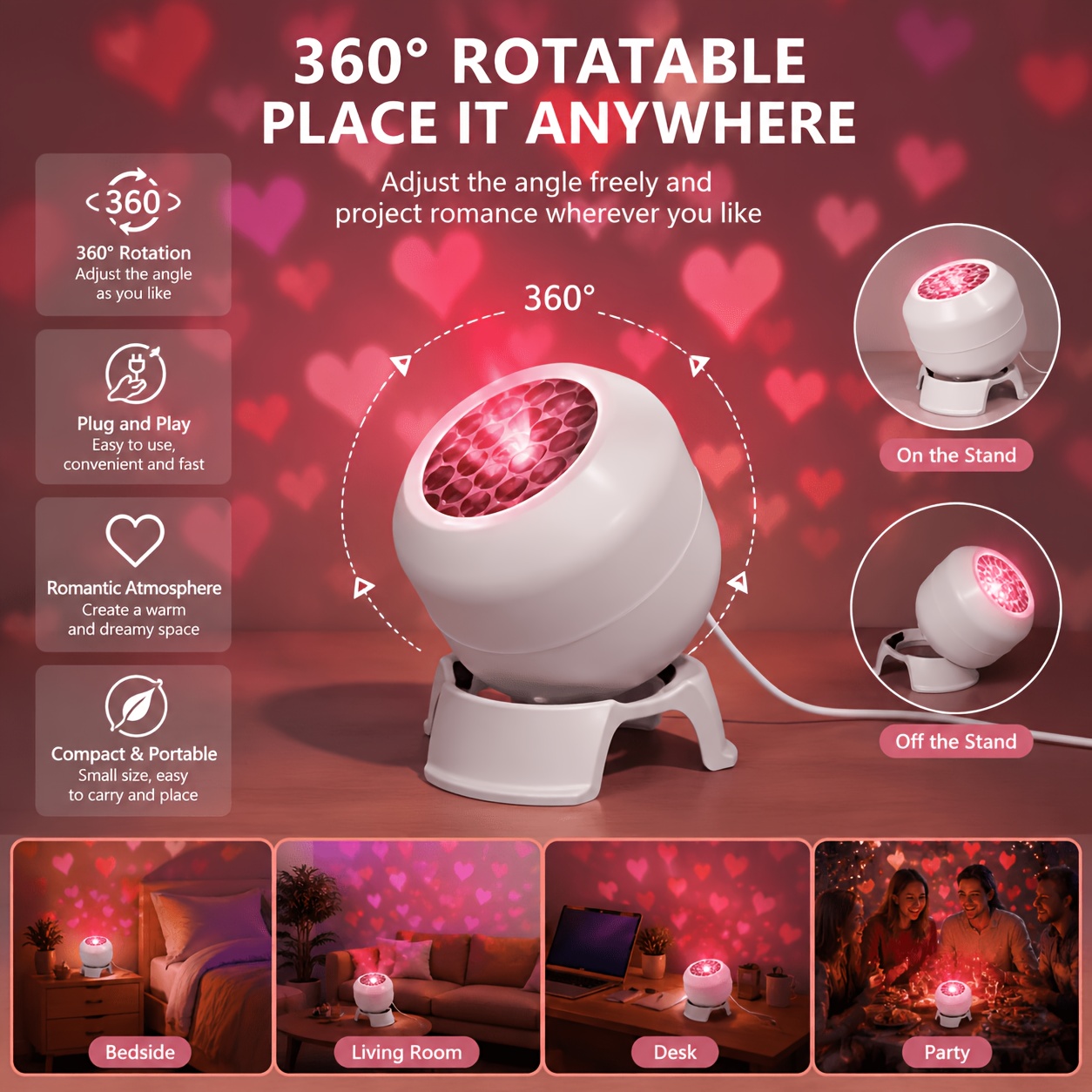 TEMU Lampe de projection LED cœur à angle réglable, motif cœur rose alimenté par USB, projecteur LED cœur rotatif dynamique, convient pour les fêtes,