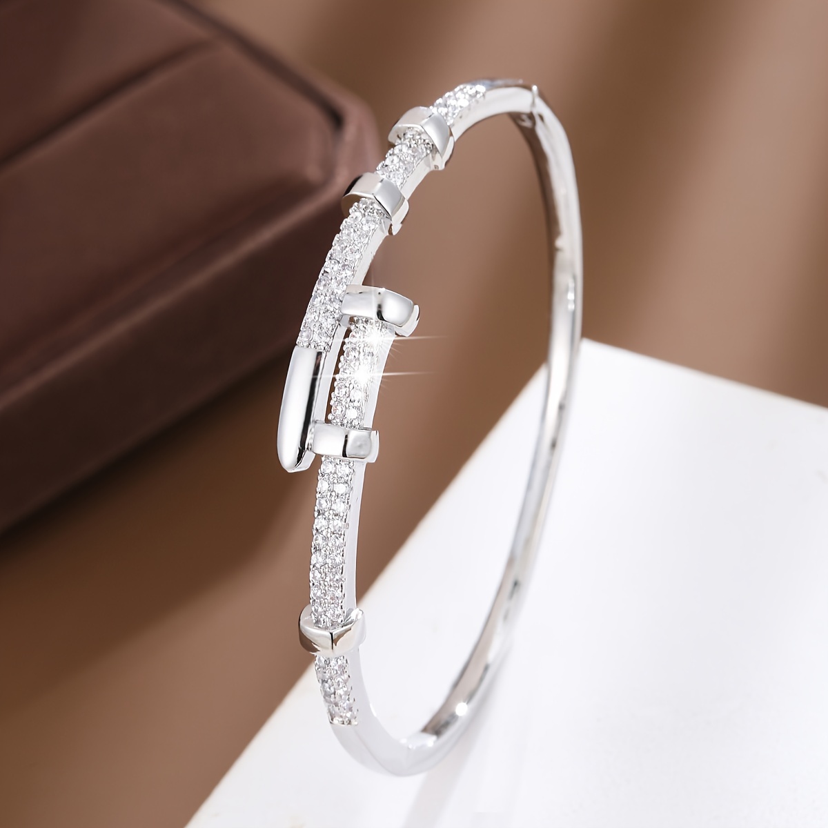 

Elegant Zircon-encrusted Copper Bangle With Unique Screw Design - Perfect Gift For Her, All-season Wear