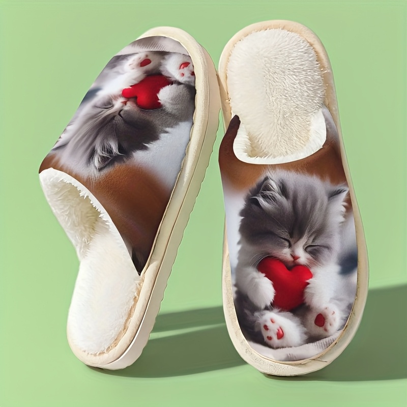 Image of Warm And Slippers Featuring A Cute Cat Print With A Vibe And A Red Heart, Perfect For A Romantic And -themed With Anti-slip .