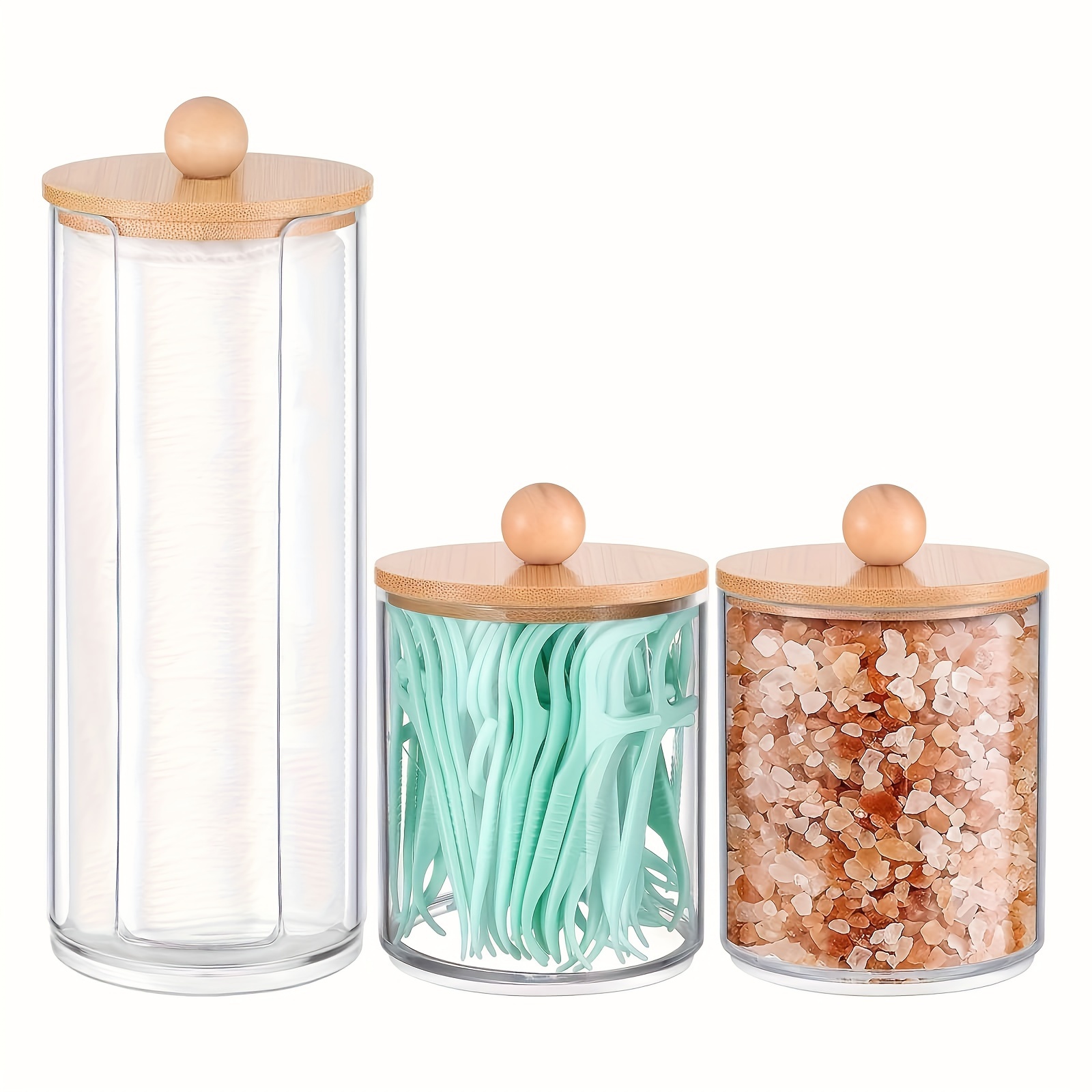 

3-piece Cotton Swab Holder Set With Bamboo Lids - Clear Bathroom Dispenser For Cotton Balls, Swabs, Pads & Floss Sticks - Home Organization Essentials