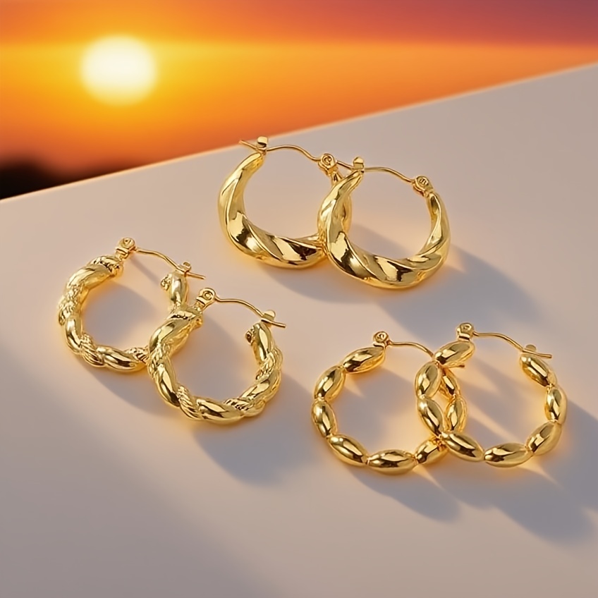 TEMU 3 Paires de Set Tendance et Rétro Minimaliste Doré pour Femmes en Acier Inoxydable Géométrique Rayé, Anneau, Design Tissé Boucles d'Oreilles,