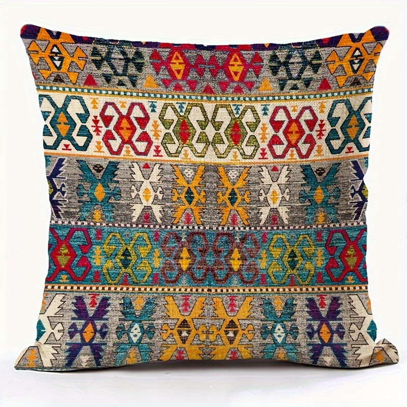 

Vintage Bohemian Geometric Print Linen Throw Pillow Cover - 100%, Zippered, Machine Washable For Room Decor - Pattern, No Insert Included