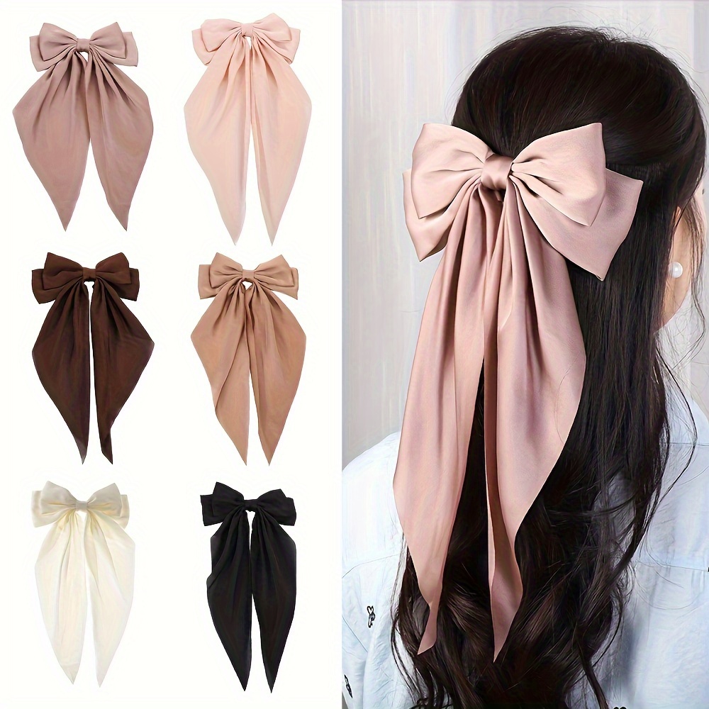 

6pcs Elegant Satin Ribbon Bow Hair Clips, Black & , Fashionable Girls' Hair Accessories For Party & Holiday Hairstyles, Perfect Gift, Solid Color, Fabric Material, , Bow Shape, Hair Clips Set