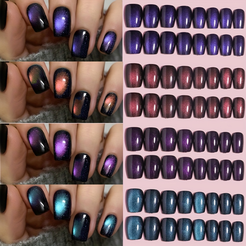 120pcs Cat-eye Nail Stickers In , Featuring A Blush-red Gradient And A Glossy End. Suitable For Everyday Wear