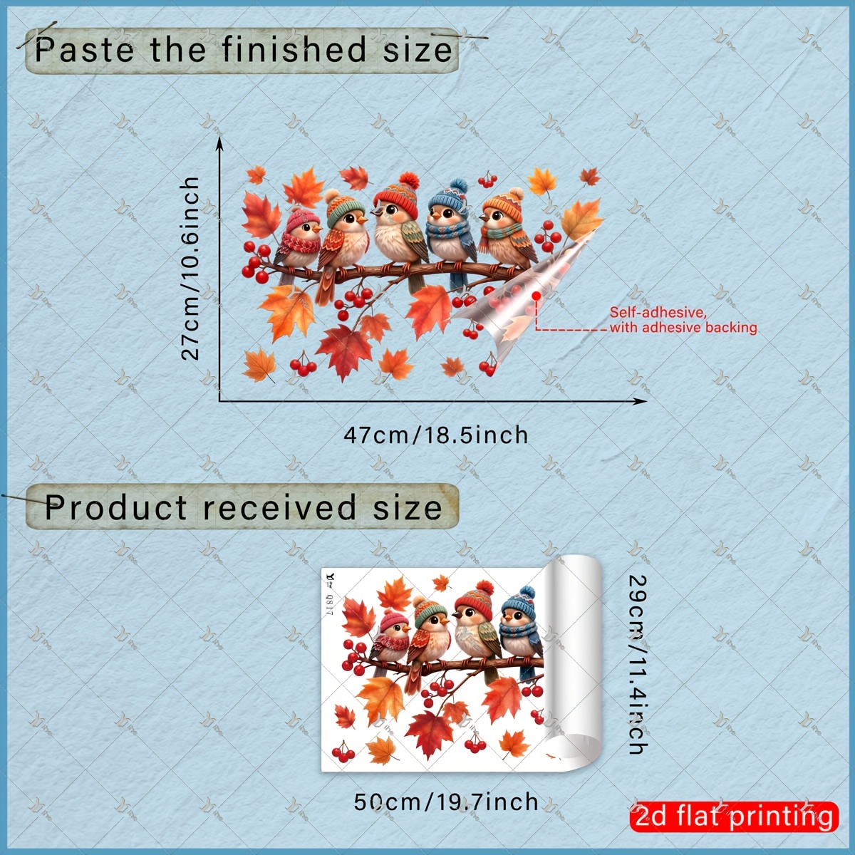 TEMU 2d Flat - 1pc 2d Flat-printed Autumn Birds With Hats, Red Berries And Window Sticker, Creative Self-adhesive Removable Double-sided Pvc Glass