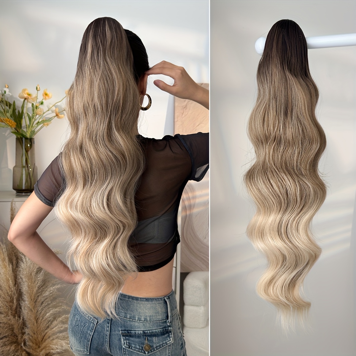 TEMU 1pc Long Wavy Clip-in Ponytail Extension For Women - Deep Wave Synthetic Hairpiece In Black/brown, High-temperature Fiber For And Volume,
