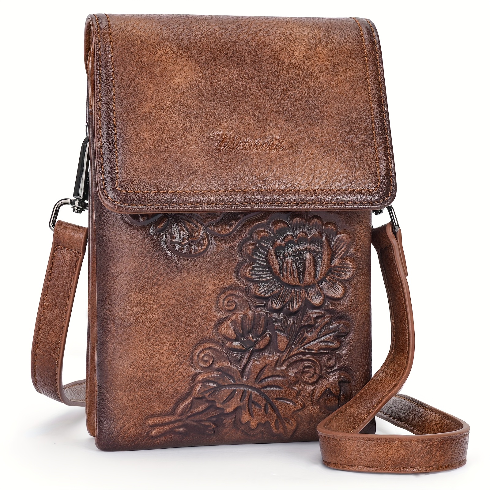 TEMU Elegant Women's Crossbody Bag With Orchid , Adjustable Guitar Strap And Credit Card Slots, Brown Synthetic Vintage Hobo Style Bag, Fashion