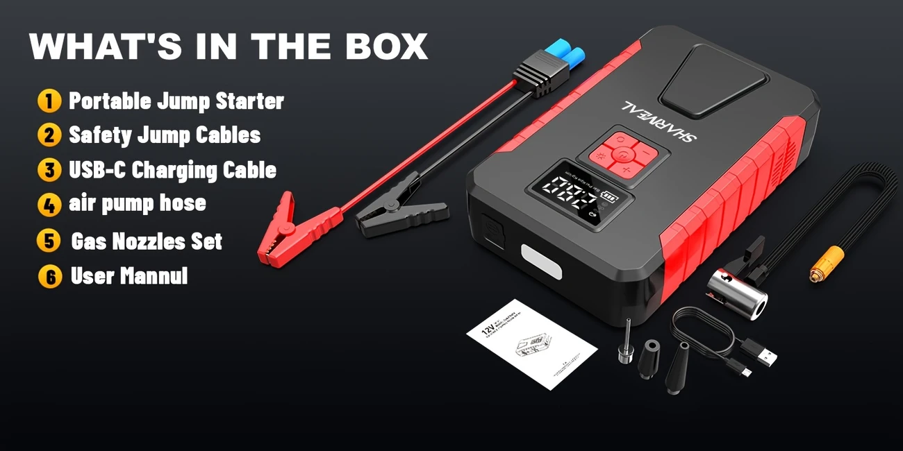 sharweal 4500a peak automotive jump starter 150psi tire inflator air compressor car jump starter emergency battery booster compressor with real time pressure monitoring led safety light usb c power bank details 6