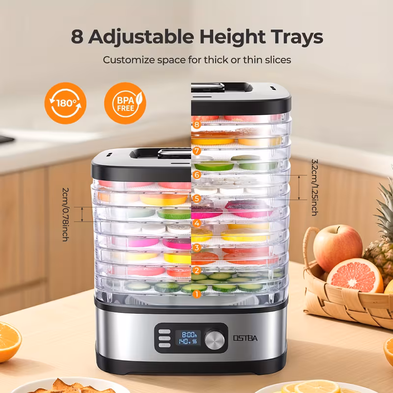 Electric Food Dehydrator - 5 Tray, Adjustable Temperature, 72-Hour Timer, LED Display, 240W, Includes Recipe Book