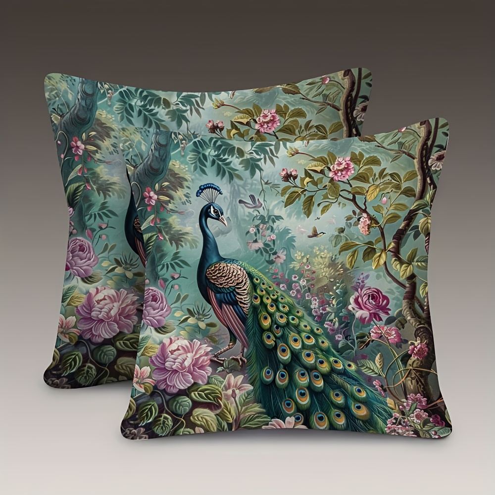 TEMU 2pcs 18x18 Inch Victorian Peacock Floral Botanical Throw Pillow Covers - Two-sided Printed Super Soft Short Plush, Zipper Closure, Machine