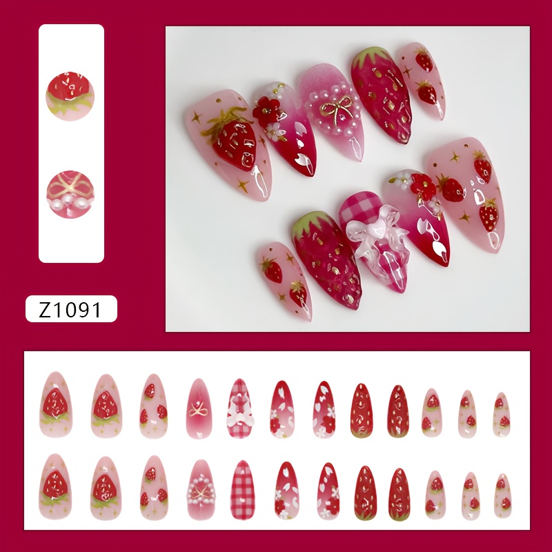 Three-dimensional Fresh Strawberry Checkered Bow Detachable Wearable Nails In European And For On Instagram