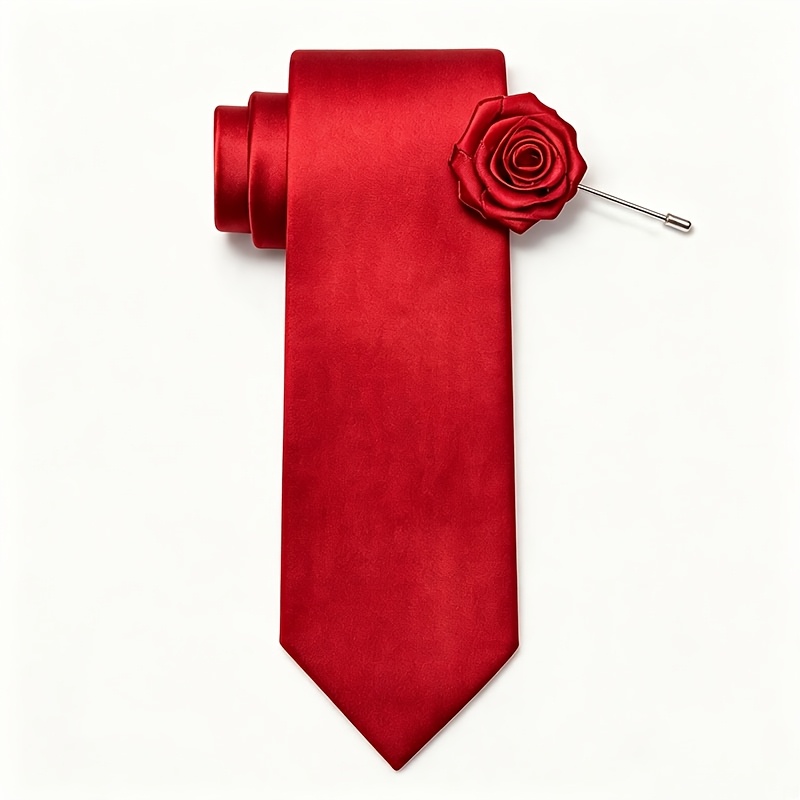 TEMU Solid Color Groomsmen Tie, Boutonniere Pin With Flower Accessory, Narrow/wide Hand-tied Glossy Finish 5cm/1.97in, Multicolor Red, Black Banquet,