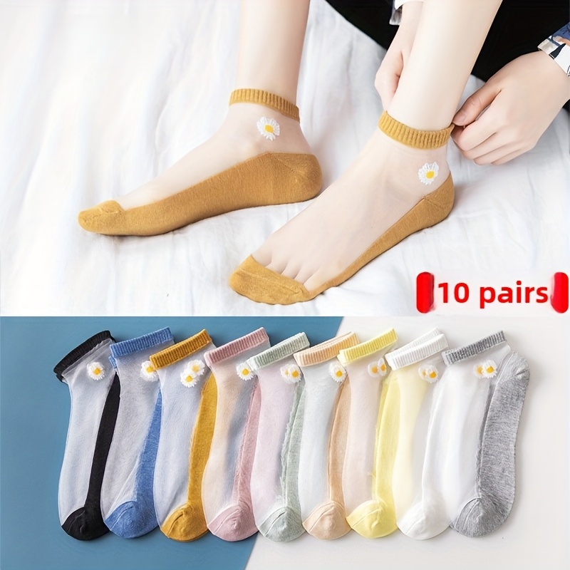 TEMU 10 Colors 10 Pairs Of Women's Socks Spring And Summer Korean Version Of The Versatile Small Daisy Flower Crystal Socks Glass Card Stockings Women's Thin Boat Socks