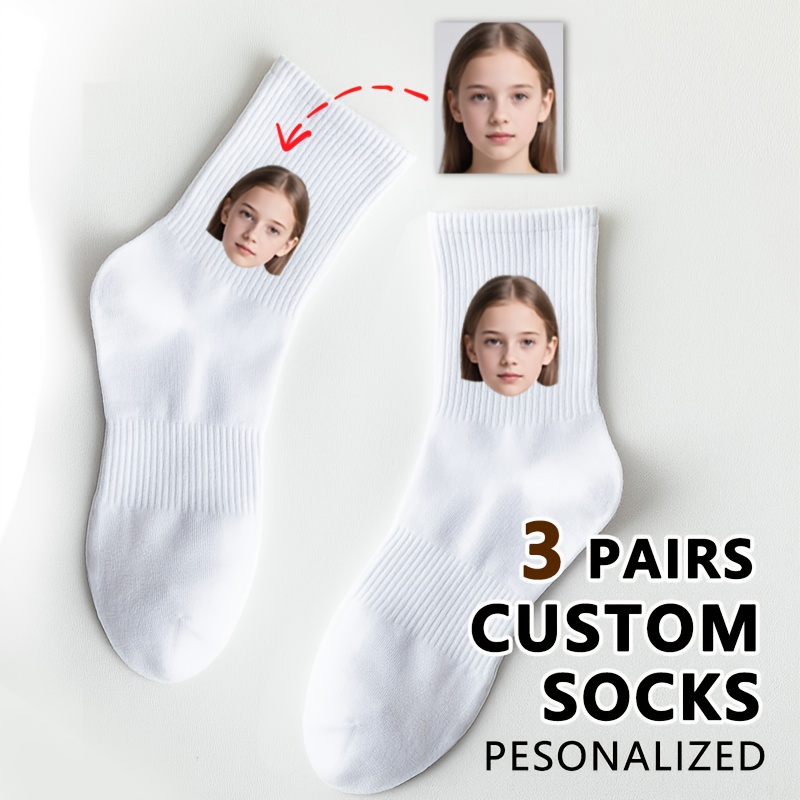 TEMU 3-pair Custom Couple Socks - Personalized Mid-calf Socks With Fun Photo Designs, Durable Knit Socks, Perfect Romantic Gift For Valentine's Day,