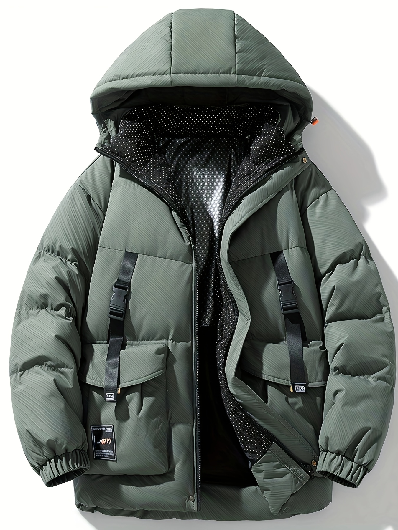 남성용 캐주얼 후드 재킷 | 블랙 폴리에스터 | 지퍼 클로저가 있는 멀티 포켓 디자인 | 드롭 숄더 긴 소매 | 통기성 메쉬 안감 | 내구성이 뛰어나고 스타일리시한 캐주얼 의상용, 플러스 사이즈