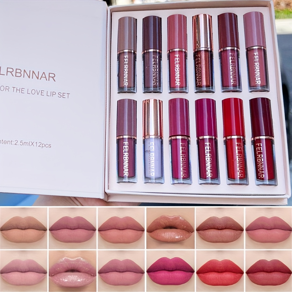 12pcs Velvet Matte Liquid Lipstick Set, Waterproof Long Lasting Quick-drying Non-Stick Cup Nude Lip Stain Kit, Up to 24H Wear, Lip Makeup Gift Kit for Women