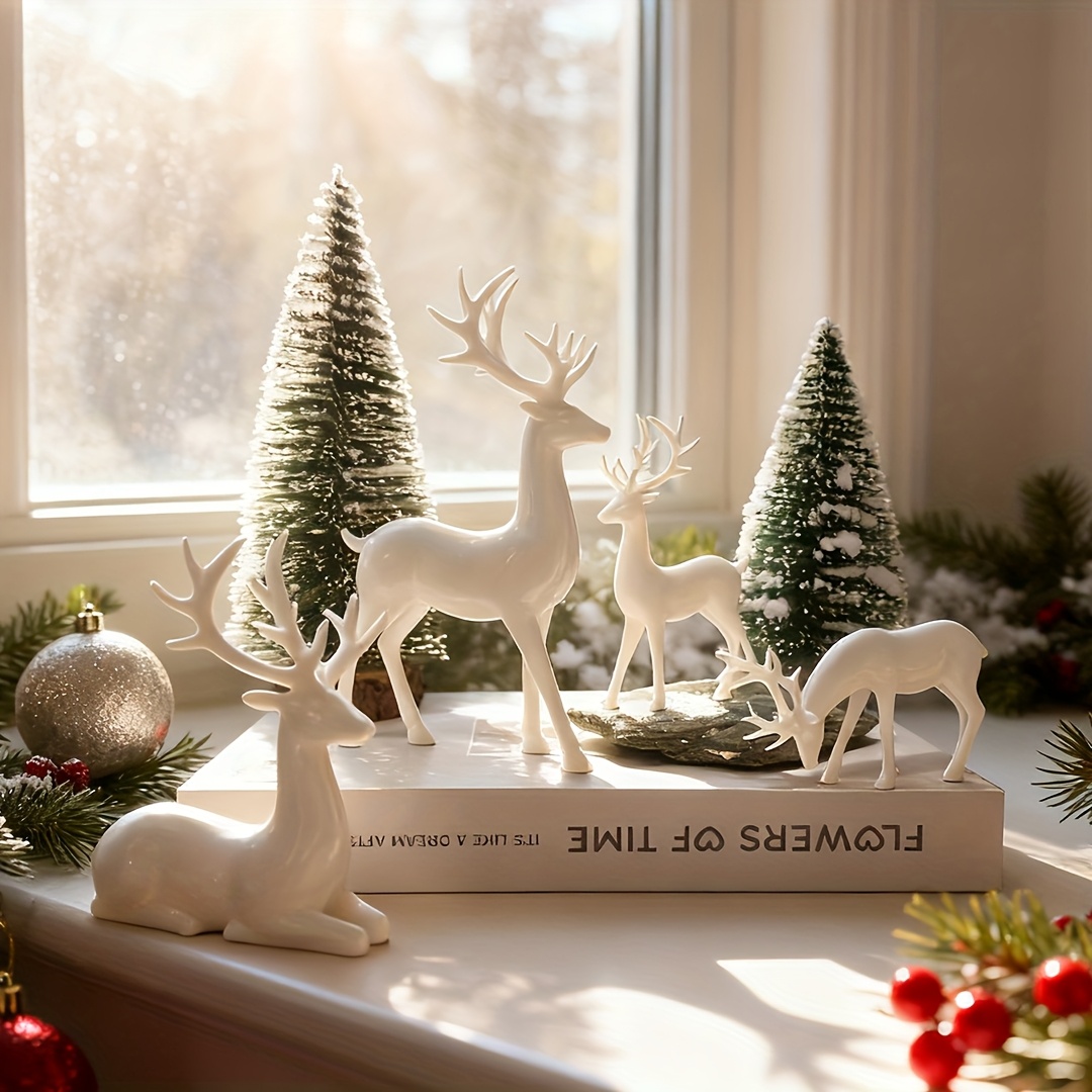 6pcs Christmas Deer Decor Set: 2pcs Large And 2 Pcs Small , And 2pcs Trees For Indoor For Halloween Thanksgiving Christmas Decorations Collectible Figurines