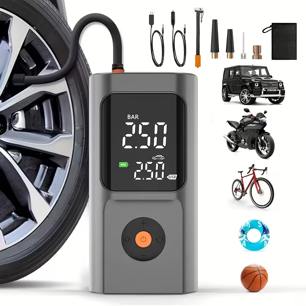Image of Portable Electric Air Pump - Digital Display Screen, Nozzle Set, With Usb Charging Cable, Suitable For Balls, Swim Rings, Air Mattresses, Car Tires, And Bicycles
