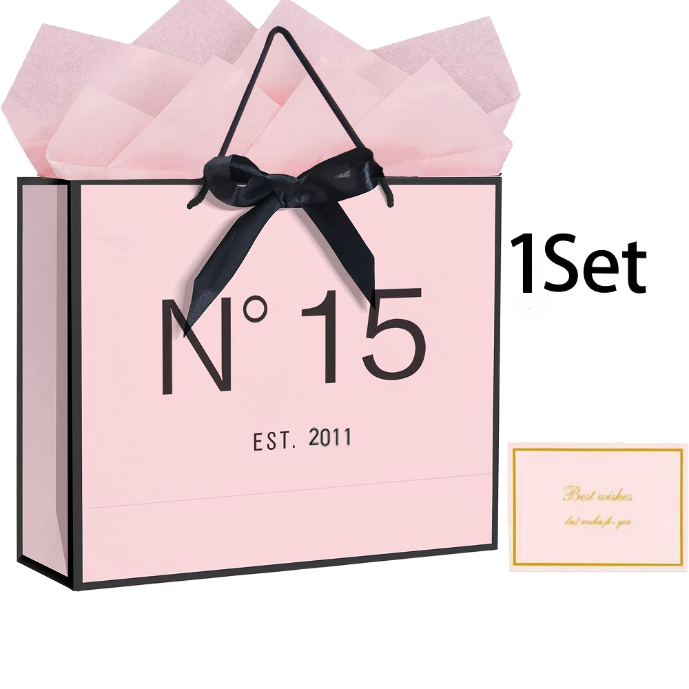 TEMU 1 Set/2 Sets/5 Sets, "elegant No. 15 2011, Stylish Pink And Black Gift Bag Set With Black Ribbon Bow, Thin Paper And Greeting Cards, Party