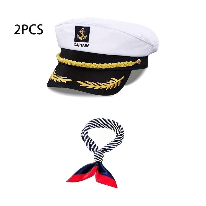 2pcs Adjustable Embroidered Yacht Captain Hat with Sailor Scarf