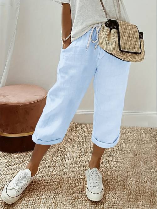 hot item womens fashion casual solid color button detail elastic waist pocket straight capri pants